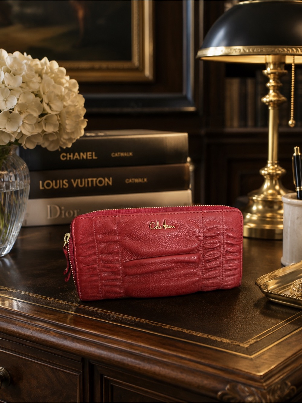 Cole Haan Red Leather long wallet with Gold Logo